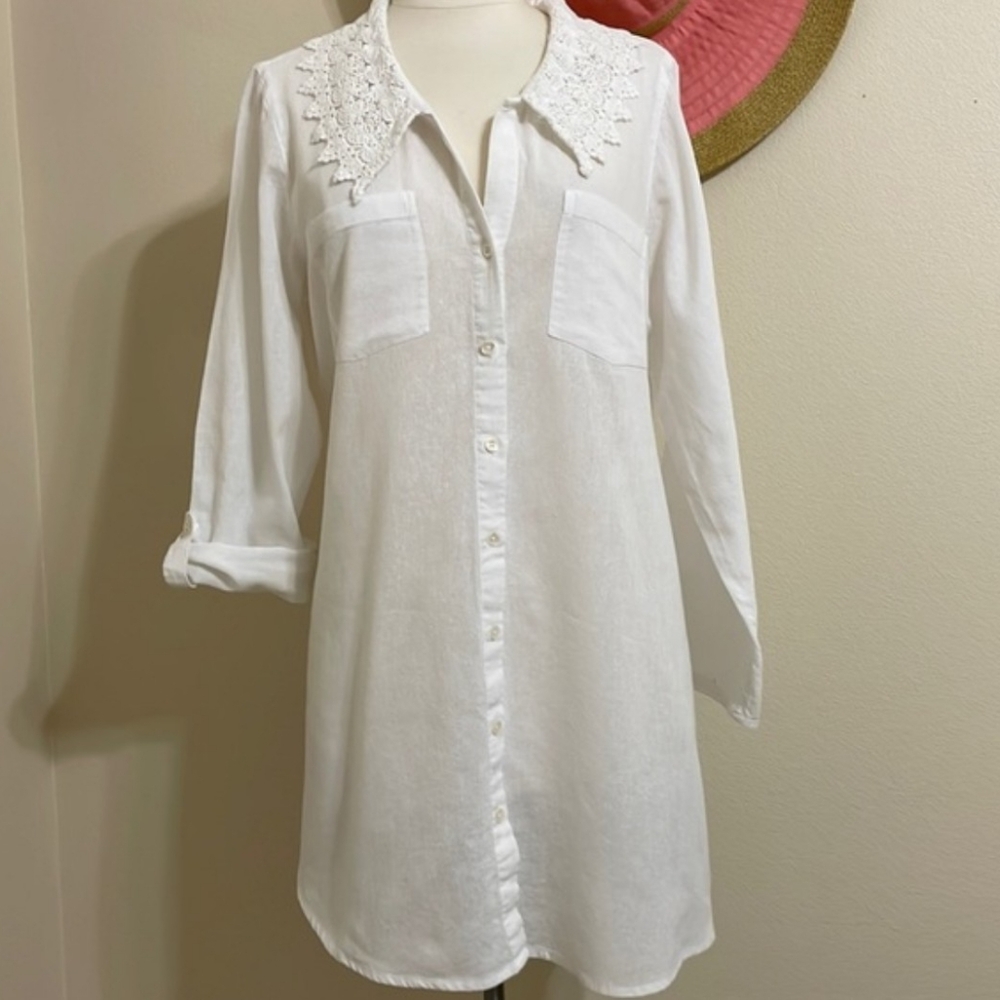 April Cornell White  Button-Up Tunic,Mini Dress Beach Cover Up with Lace Detail